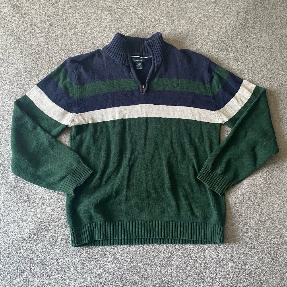 NAUTICA Green and Navy Zip Up Turtleneck Sweater